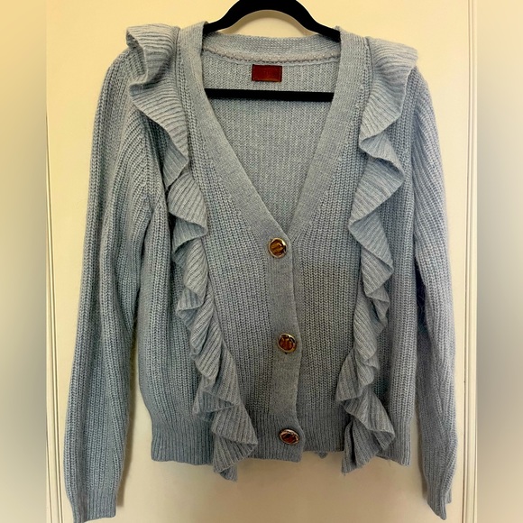 Baby blue wool rabbit hair ruffle button sweater soft small V neck long sleeve - Picture 1 of 6